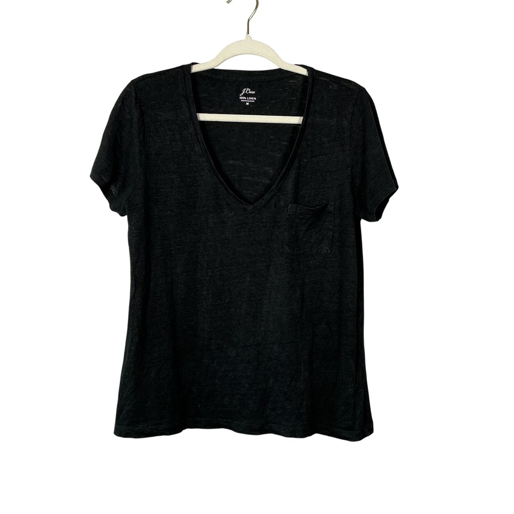 J.Crew Womens Black 100% Linen V-Neck Short Sleeve Pocket Tee Shirt Size M
